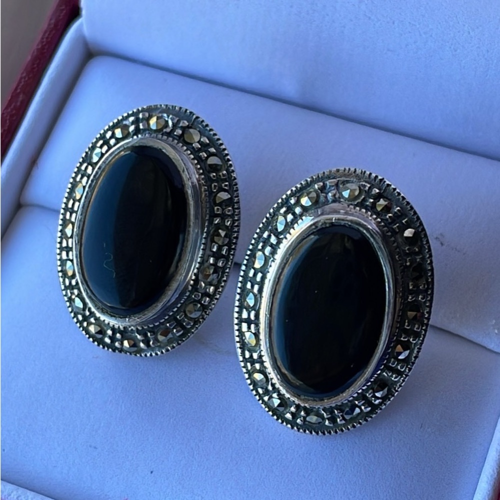 Vintage Onyx, Marcasite earrings 925 sterling silver